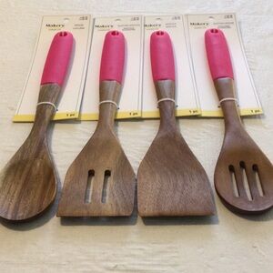 Makery Wooden Kitchen Utensil Set with Pink Handles